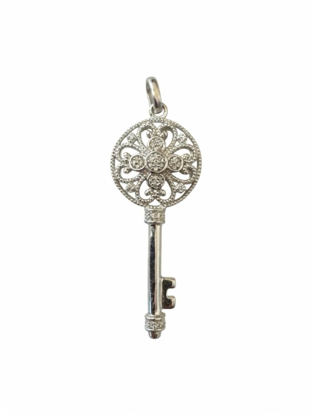 Silver Key Pendant with Filigree and Crystals